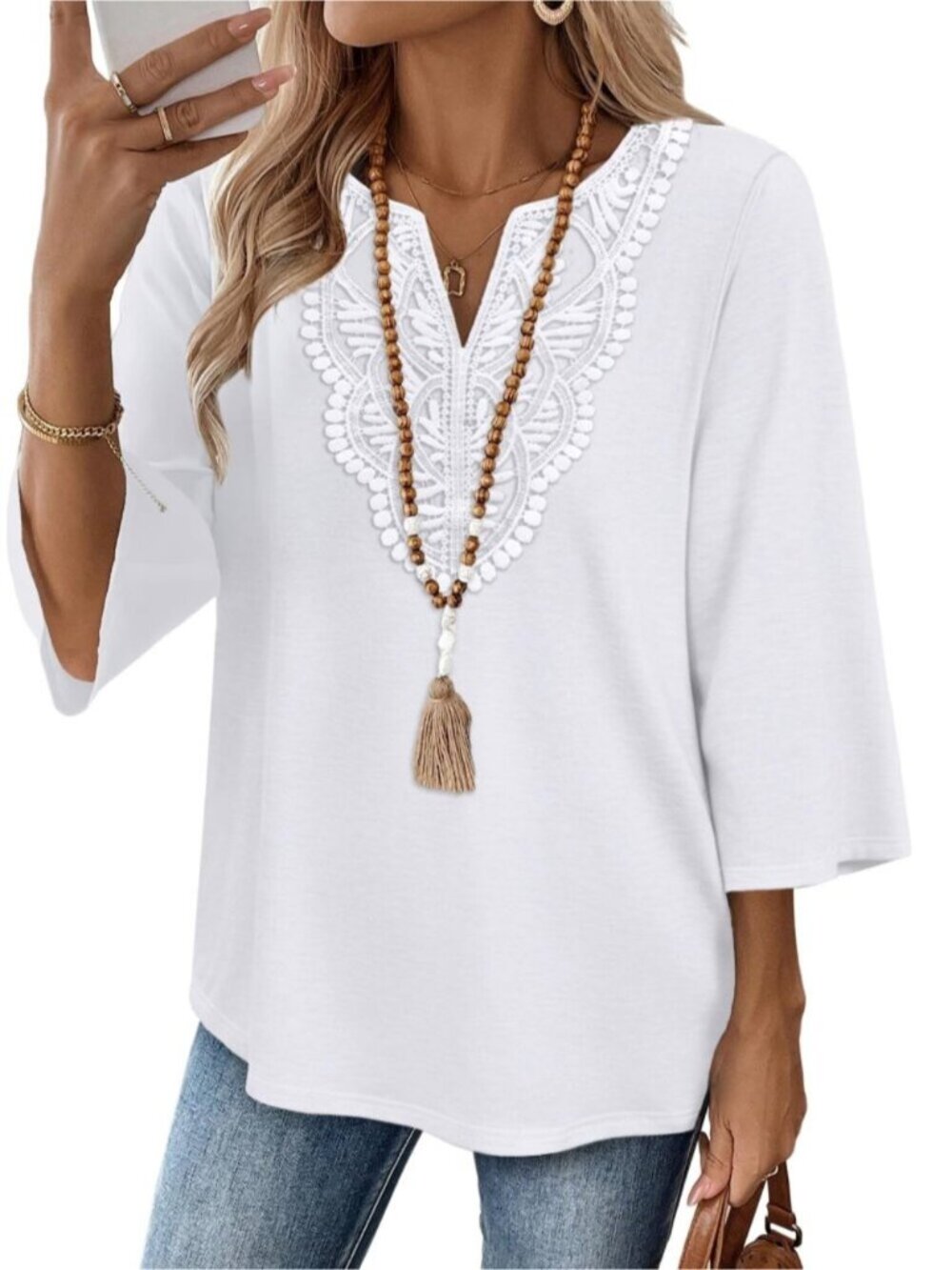 Boho V-Neck Lace 3/4 Sleeve Tunic Top